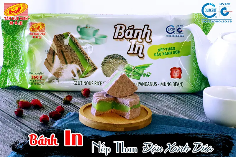 Bánh In Nếp Than Đậu Xanh Lá Dứa 320G /Mung Bean Pandan Glutinous Rice Snowflake Cake